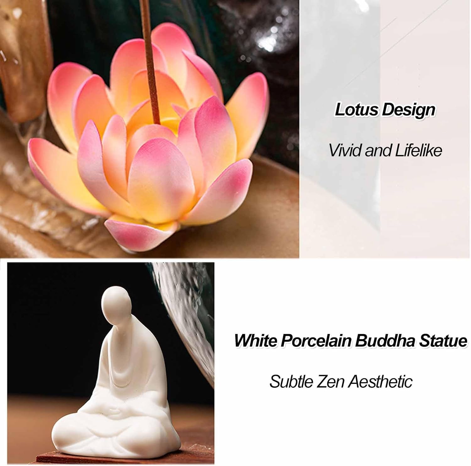 Waterfall Incense Holder Burner Fountain, Chinese Style Meditation Desk Fountain with LED Light Ring, Zen Ceramic Fountain Kit for Home, Office, Decor, Yoga(A)