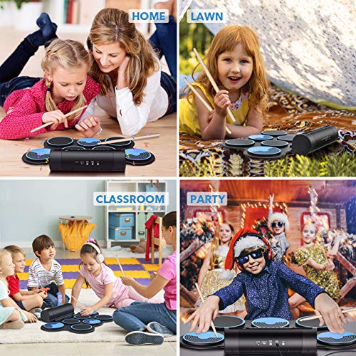 PAXCESS Electronic Drum Set 7 Pads Roll-up Practice Electric Drum for Kids with Headphones Jack, Built-in Speakers Drum Set Best Birthday Gift for Kids (Blue)
