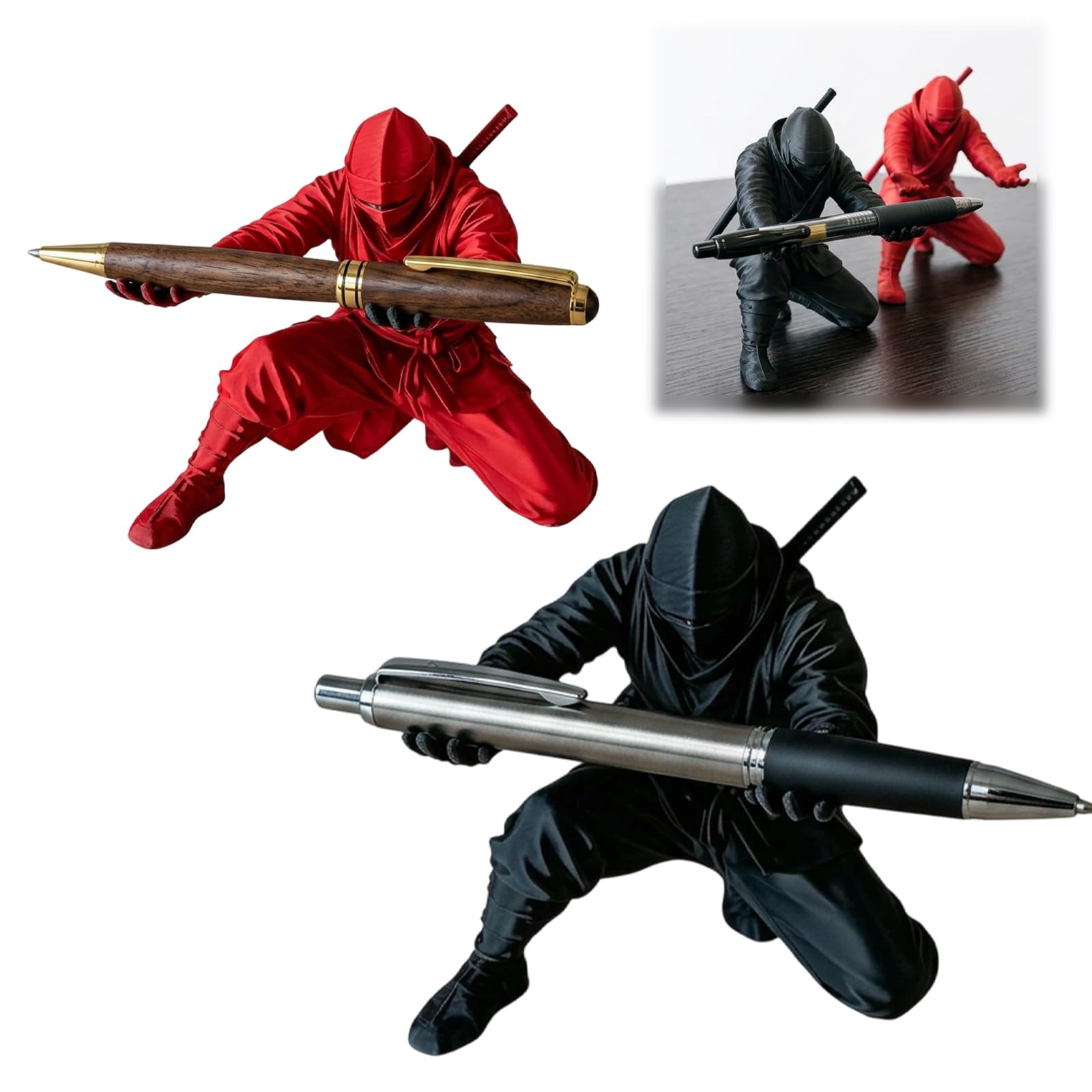 Zqisxze Pen Holder, 2 Pcs 3D Printing Samurai-Themed Desk Pencil Stand for Home Decor, Office Accessories for Men, Funny Desk Pen Holder for Workspace Organization (Black+Red)