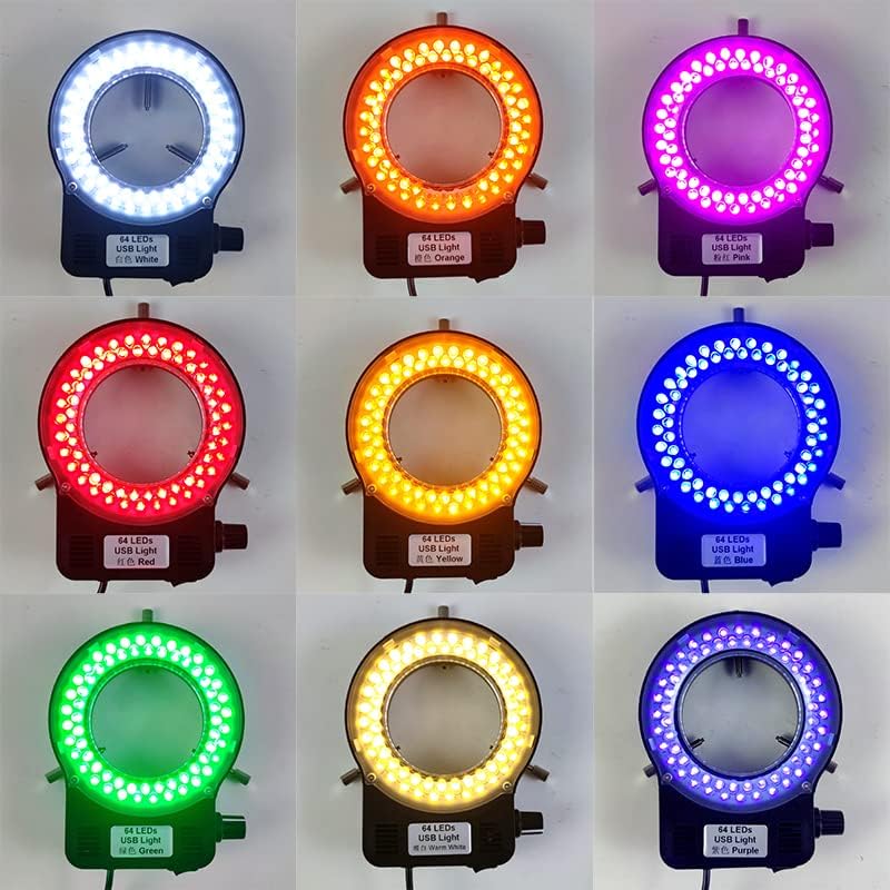 Miniatura 8 de Anillo de luz LED colorido USB de 64 LED, fuente de luz USB para anillo de microscopio, lámpara iluminadora ajustable para monocular trinocular