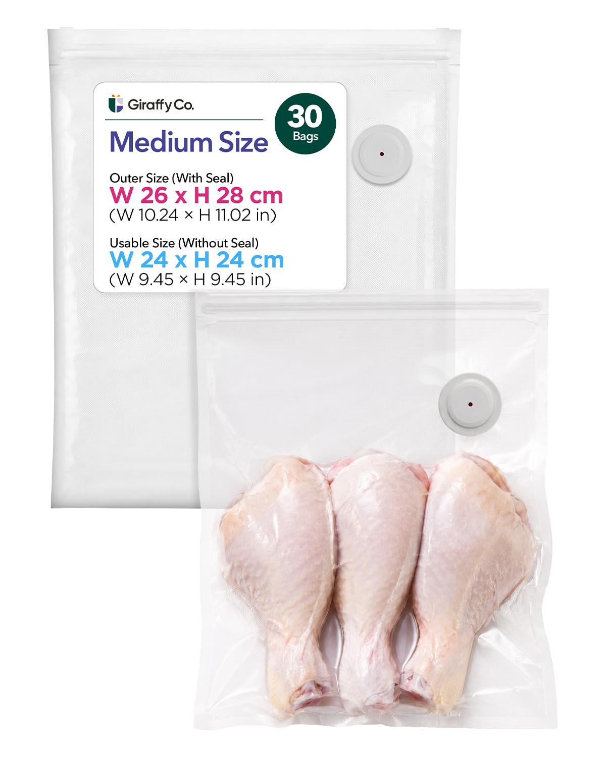 Giraffy Co. Reusable Vacuum Sealer Bags for Food, Medium 30 pcs (26 x 28 cm / 10 x 11 in) โ BPA-Free, Leak-Proof, Odor-Resistant Zip Bags with Air Valve, Compatible with Handheld Vacuum Sealers
