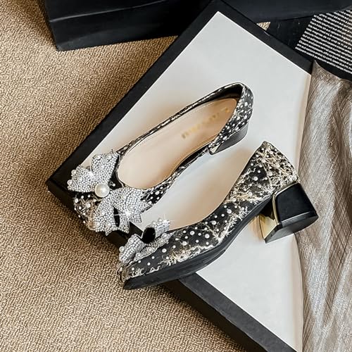 Women's Glitter Pearl Bow Chunky Heel Pumps,Fashion Sparkly Square Head Comfort Slip-On Block Heel Lace Bridal Shoes Prom Dress Loafers for Wedding Party Office4