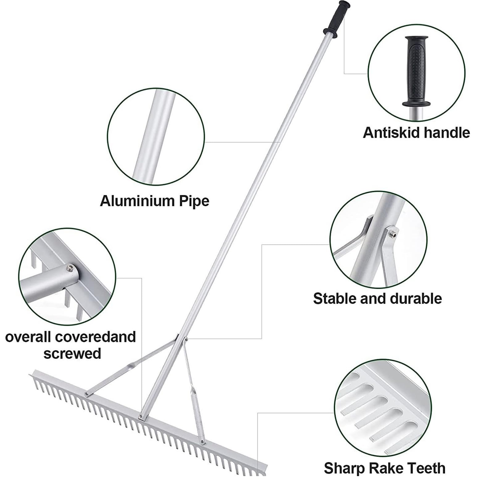 Grabie krajobrazowe – lekkie aluminiowe narzędzie na podwórko z odłączanym drążkiem 150 cm, 37 zębów, antypoślizgowy uchwyt do czyszczenia ogrodu, plaży, stawu i jeziora