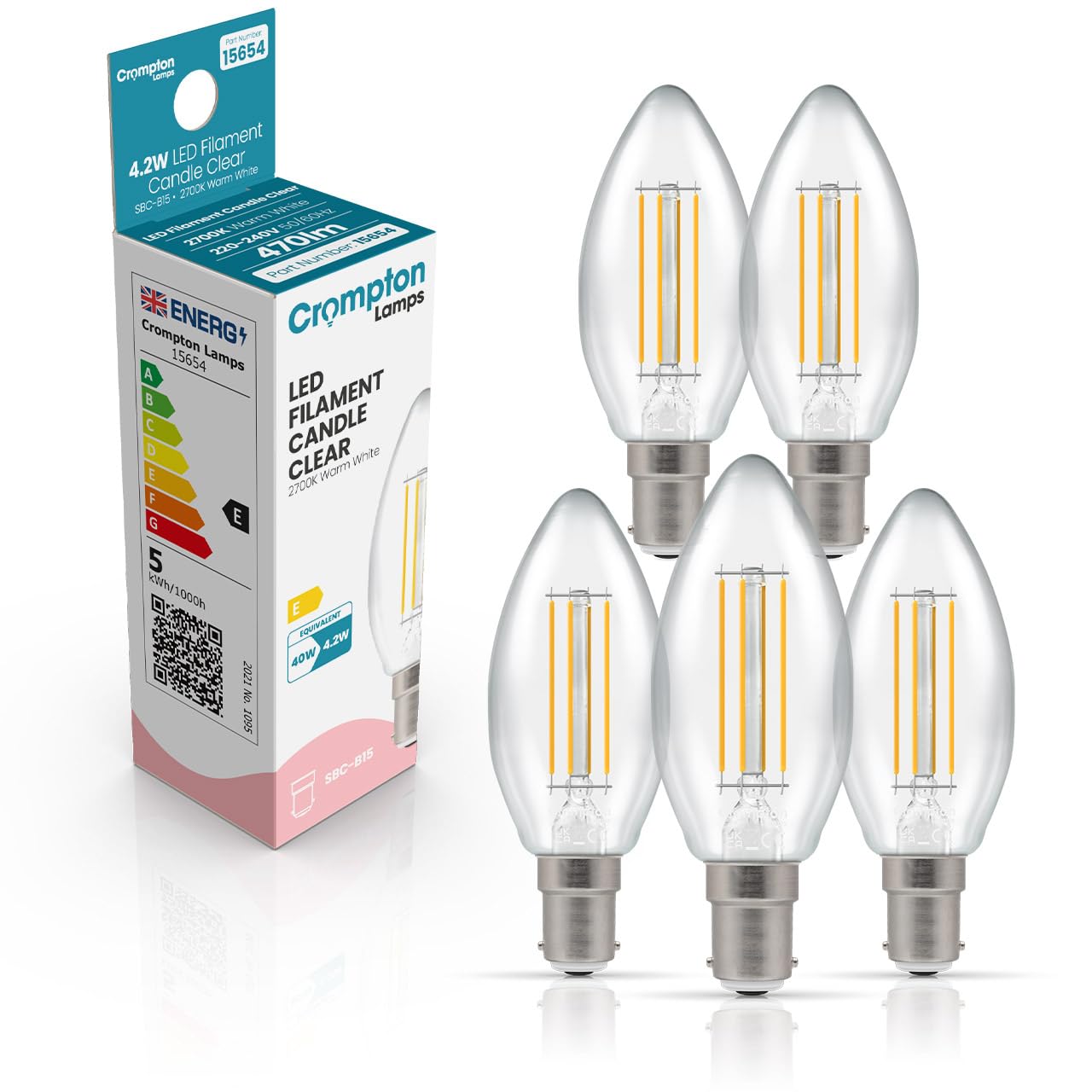 Crompton Lamps Filament Candle LED Light Bulb SBC-B15d | 4.2W = 40W Equivalent | Warm White 2700K | Energy Efficient | Small Bayonet Lightbulb | Long Life 15000-Hrs | Clear Glass | 5-Pack