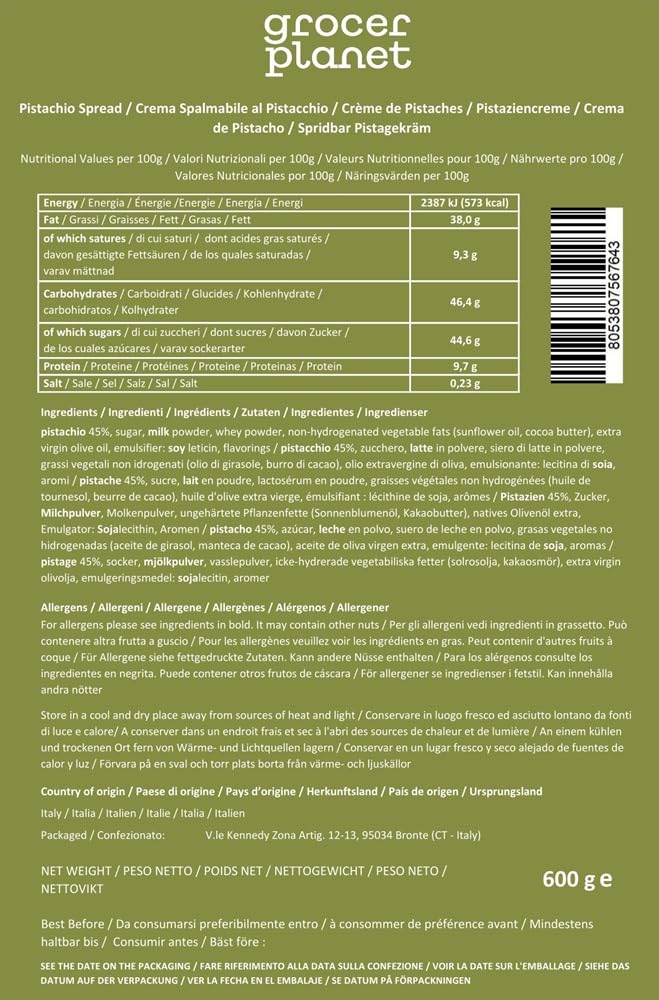 Grocer Planet - Crema de Pistacho (600g) | Con 45% Pistachos Mediterráneos | Sabor Dulce | Comida Italiana Gourmet | Ideal para Desayunos y Postres
