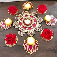 Handmade Themed Decorative Rangoli Set Tealight Holders – Perfect for Diwali, Weddings, and Festive Home Decor | Deepawali Gift Diwali Decoration Items for Home (Red Rose)