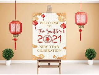 SPEEDYORDERS Chinese New Year 2020 Party Sign, Welcome Party Sign, Year of the Pig, Happy Chinese New Year Banner, Gold Sign, Chinese Holiday Decorations, Size 24x18, 36x24 and 48x36