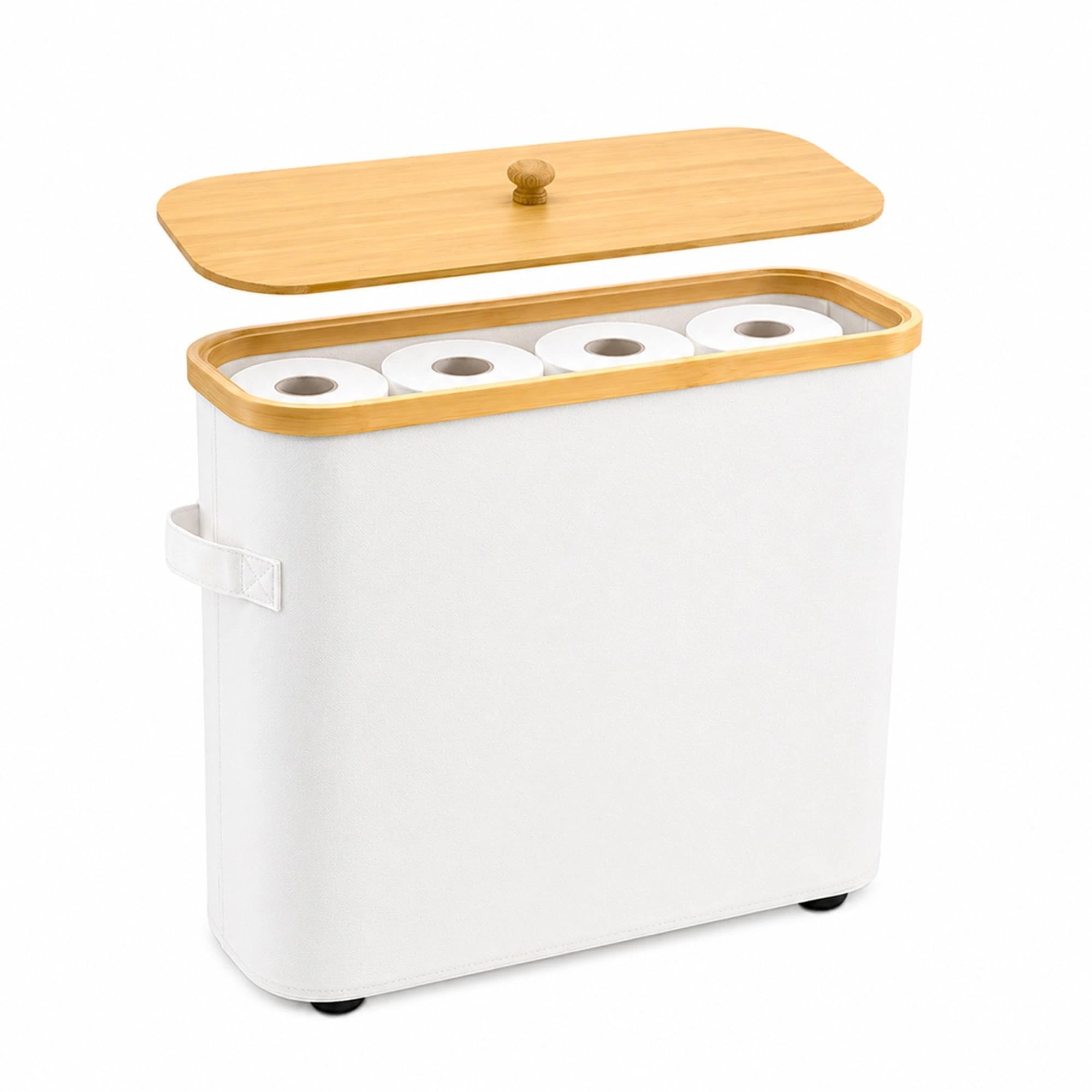 Photo 1 of Premium Waterproof Toilet Paper Storage Box with Bamboo Lid - Fits 9 Mega Rolls, 900D Heavy-Duty Fabric Bathroom Organizer Bin with Elevated Base & Handles for Narrow Spaces (17.3"x 6.9"x 15.5")