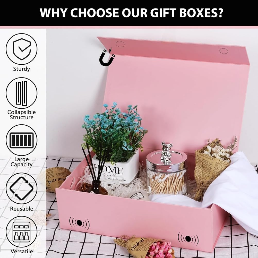 Confezione da 8 Scatole Regalo Rosa, Scatole Regalo 26X19x8 Cm con Coperchio E Chiusura Magnetica Scatole Rettangolari Pieghevoli per Matrimoni, Natale, Halloween, Regali di Compleanno
