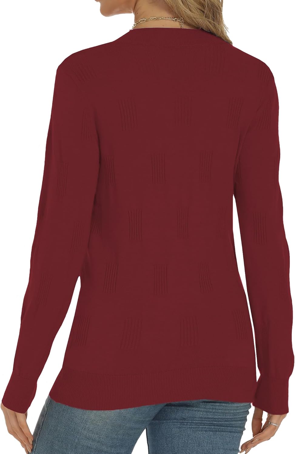 Buauty Womens 2024 Fashion V Neck Long Sleeve Knitted Ribbed Pullover Sweaters Casual Lightweight Loose Fit Jumper Tops Jujube Red - Image 4