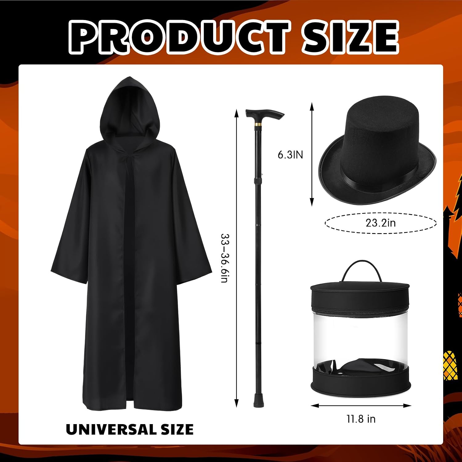 WinnerWhy 4 Pcs Halloween Ghost Costume Men Black Cape Top Hat Cane Set