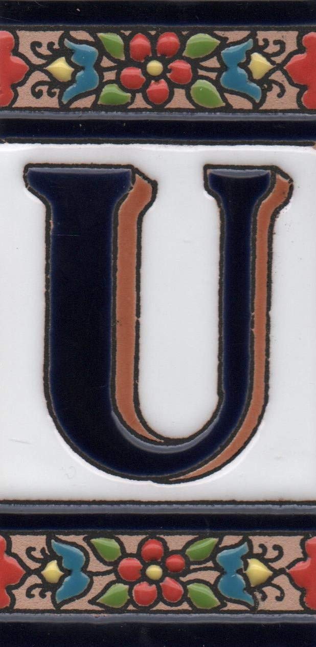 House Numbers Ceramic Numbers & Letters Tiles Red Blue & Green Floral Design Tile Size: 11cm x 5.5cm (Letter U) โ image 1