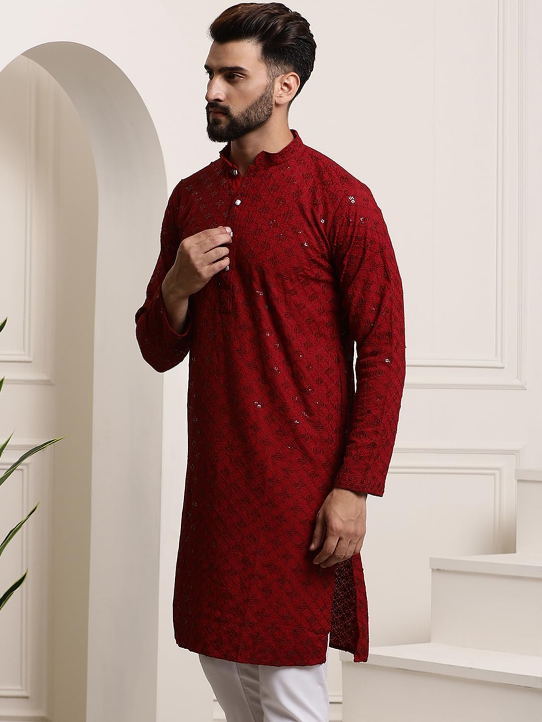 Sojanya (Since 1958 Men's Pure Cotton Maroon Sequence Only Long Kurta