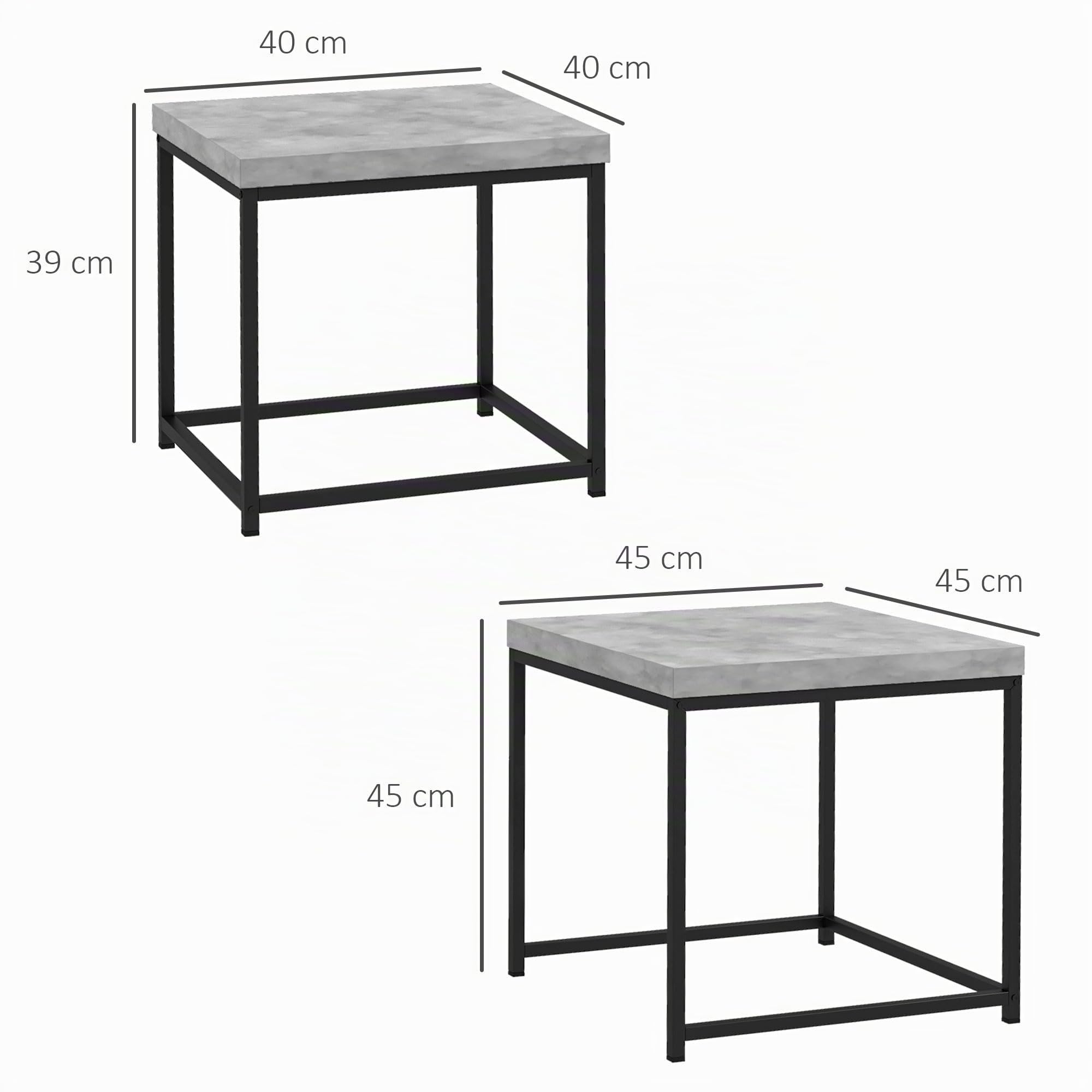 HOMCOM Lote de 2 mesas Nido mesas de Centro cuadradas Estructura de Acero y tableros de Madera Gris