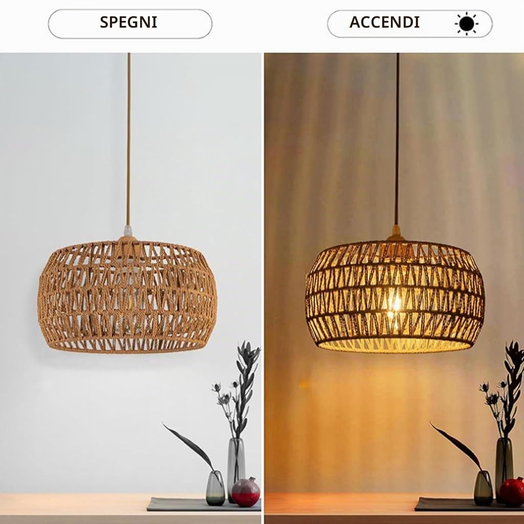 E27 Lampada A Sospensione Rustica Lampadario Rattan Paralume Rattan Lampadario Soggiorno A Sospensione Lampadario Vimini Boho Plafoniera Per Cucina Sala Sala Da Pranzo Camera Da Letto(A)