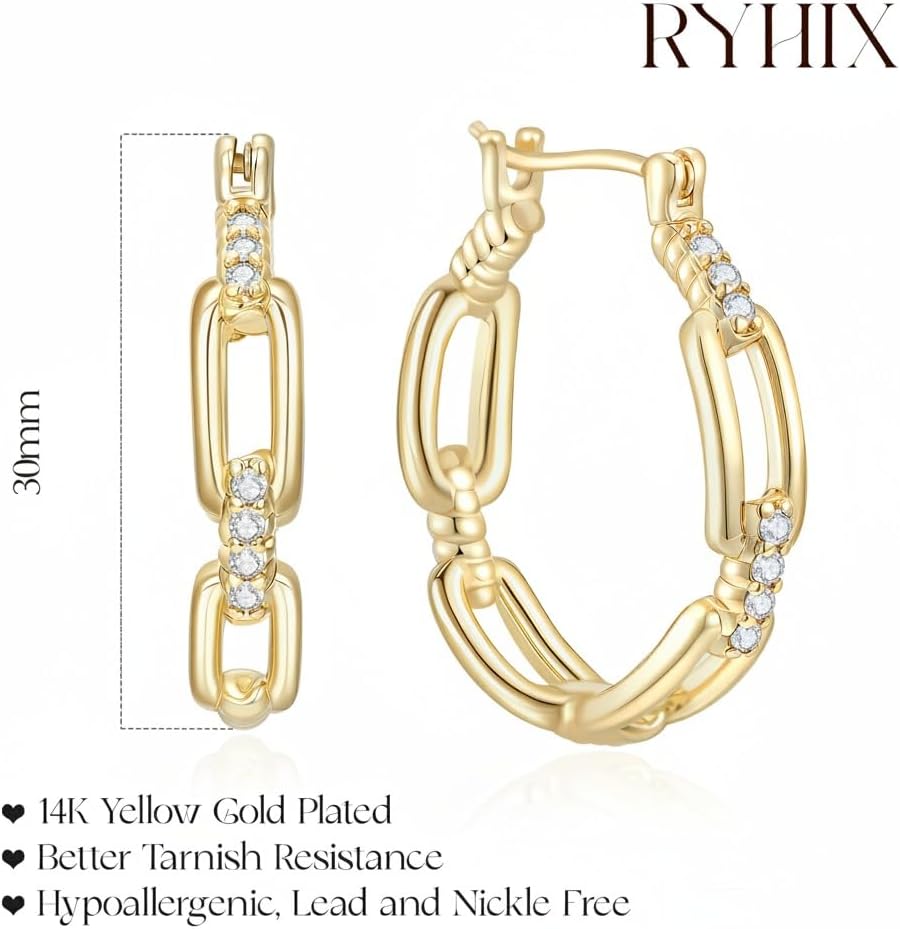 14K Gold Hoop Huggie Earrings for Women Gold Earrings Diamond Hoops Earring Trendy Cable Design Womens Earring 20/25/30MM