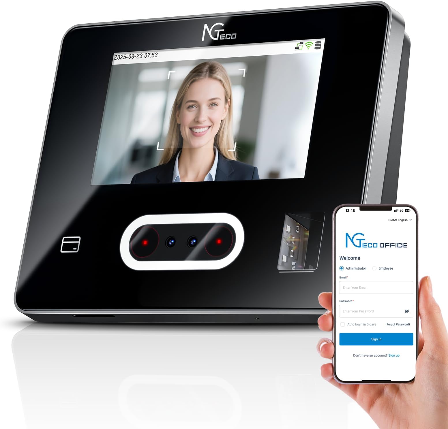 NGTeco Cloud Clocking in Machine with Tuch Screen, Time Clocks for Employees Small Business, Face/Fingerprint/Card/PIN, 2.4GHz&5GHz WiFi, Software & App, 10 IC Cards, 0 Monthly Fee