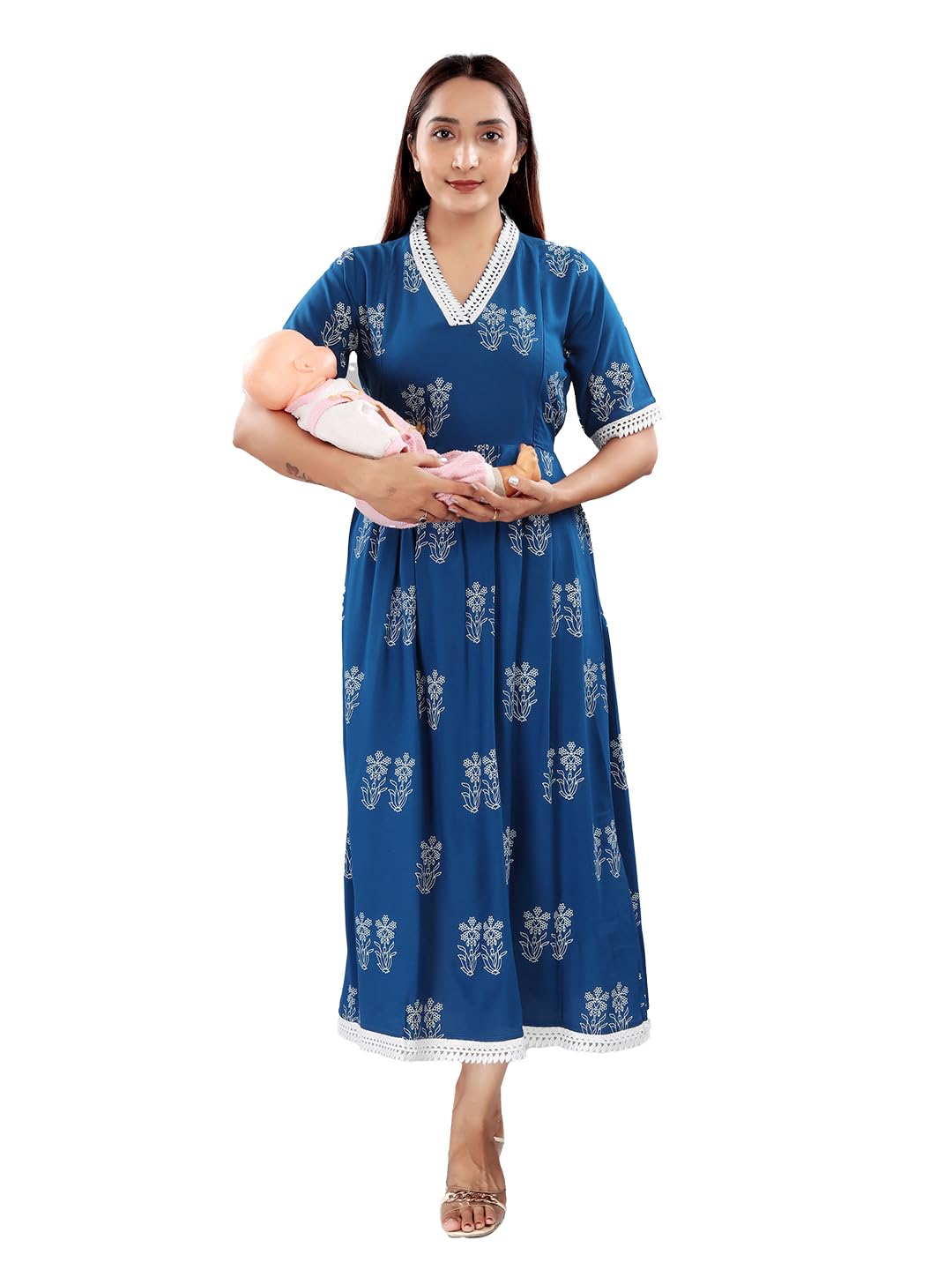 Printed Flared Maternity Dress for Women, Feeding Kurti with Concealed Zip for Pre & Post Pregnancy-image-14
