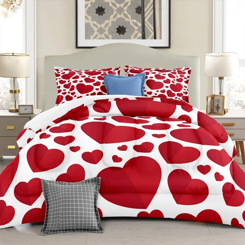 Valentine Comforter Set Red Hearts Quilt Bedding Set with 1 Comforter and 2 Pillow Covers for Bedroom Dormroom All Season King 104x90inches