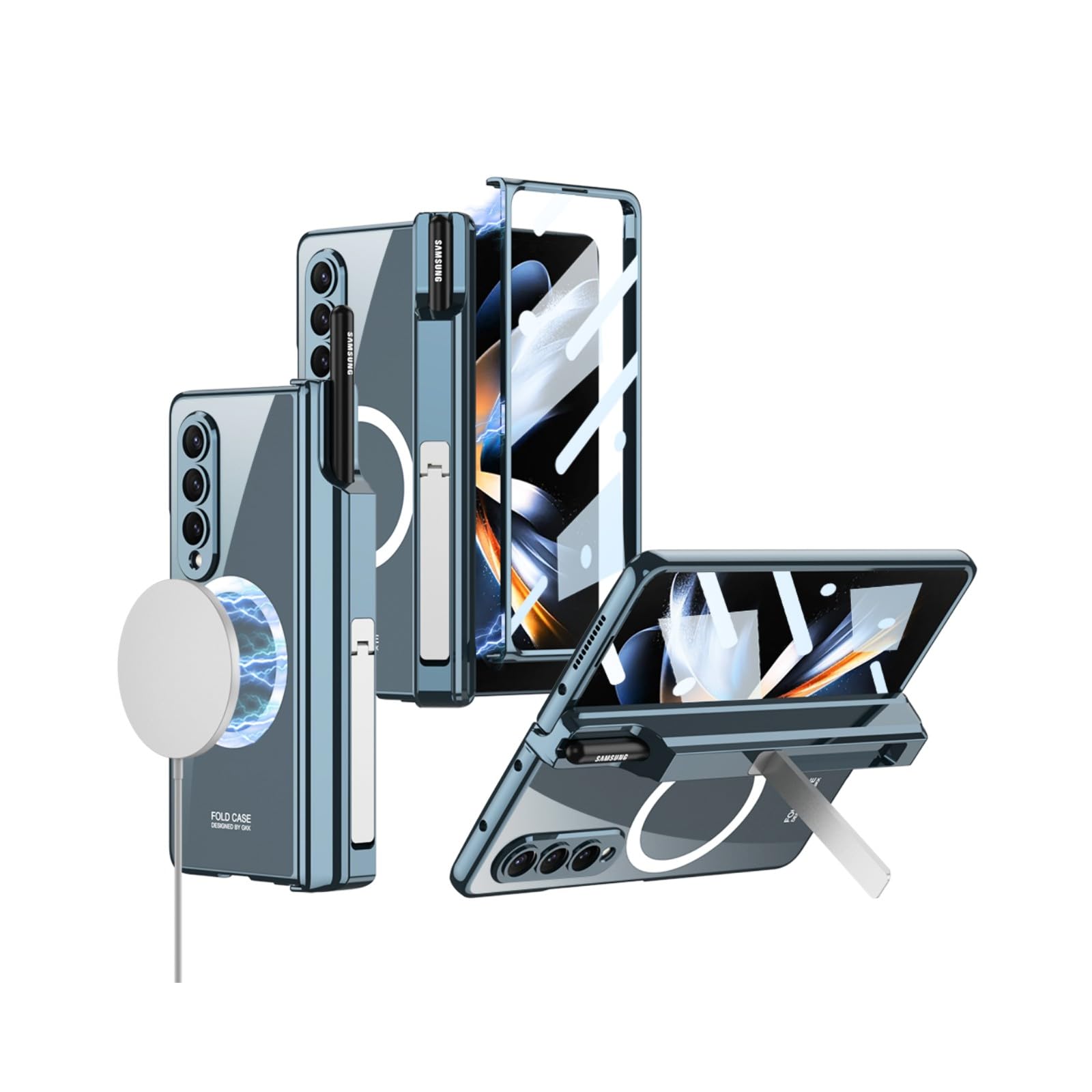 BAILI Galaxy Z Fold4 Magnetic Case,Support Magsafe and Wireless Charger for Z Fold 4,Ultra -Magnetic Suction Z Fold4 Case with Kickstand & S Pen Holder Adapts Vehicle Bracket Clear Mirror Cover Green