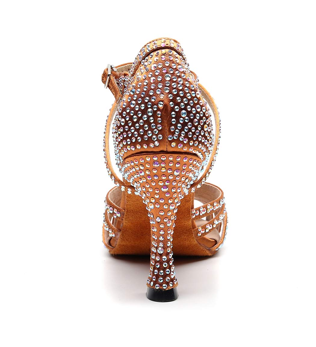 TDA Women's Comfort Cross Strap Flared Heel Brown Satin Rhinestones Social Tango Prom Wedding Praty Dance Sandals 6.5 M US