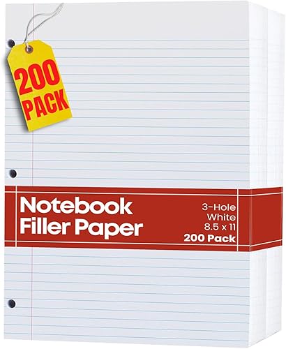 1InTheOffice Papel de cuaderno para carpetas de 3 anillas de 8.5 x 11 pulgadas, papel de relleno de 3 agujeros, tamaño carta, (200 hojas)