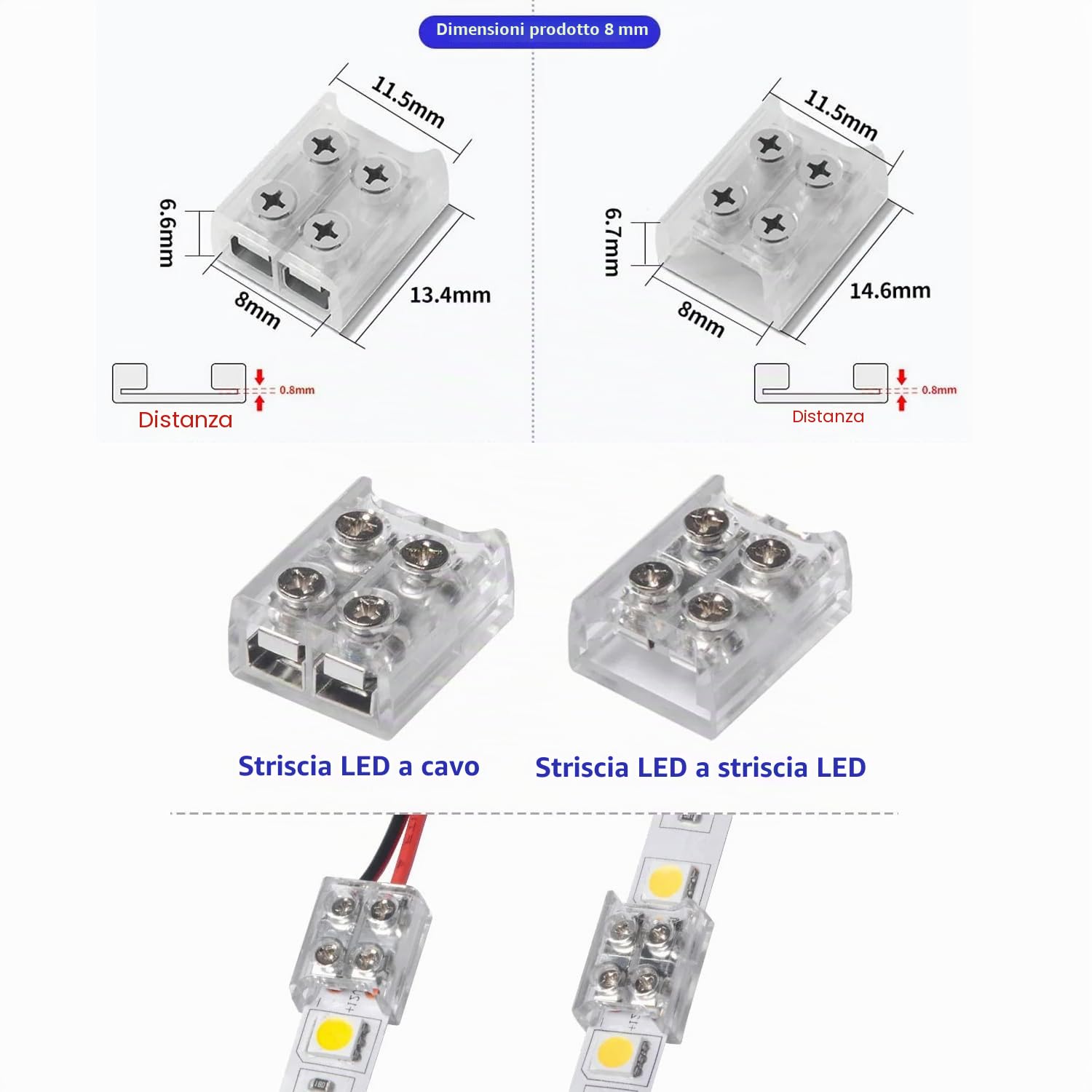 Connettori per Strisce LED 8mm a 2 Poli, Senza Saldatura per LED 5050 3528 Monocolore, Collegamento Rapido a Filo Con Cacciavite