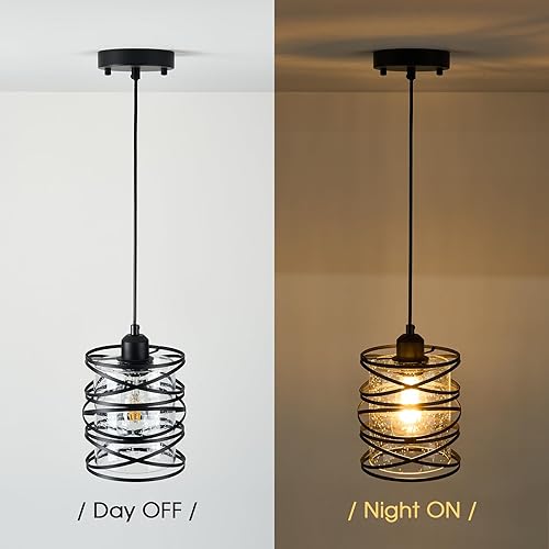 Miniatura 4 de Paquete de 1 lámpara colgante de 6.3 pulgadas en espiral negra para isla de cocina, luz moderna de metal soplado a mano, vidrio sembrado, luz