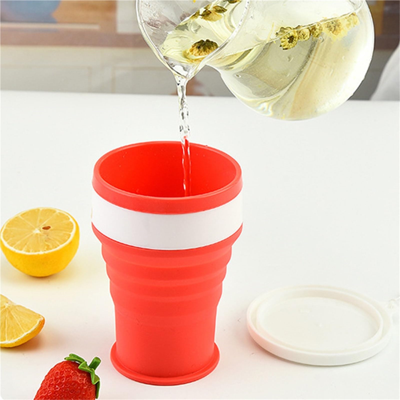 Taza plegable Taza de silicona Taza de agua plegable silicona portátil, telescópica 200/350ml, con tapa for viajes y acampadas(Green,350ml)
