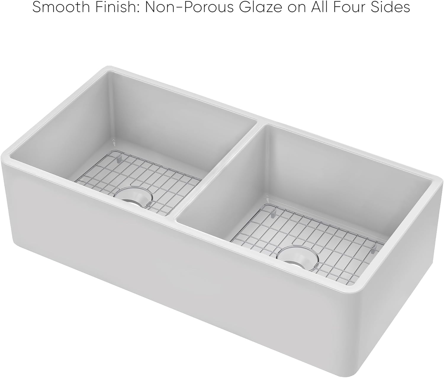 Whitehaus Collection 36" Reversible Double Bowl Fireclay Kitchen Sink with Grid Set: Three Edge Frame, Plain Front Apron