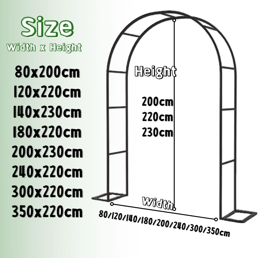 Arco da Giardino con Traliccio in Metallo con Base per Piante rampicanti, Rose, per Interni/Esterni, Facile da Montare, L 80-350 cm X A 200/220/230 cm (Verde, L 180 x A 220 cm)