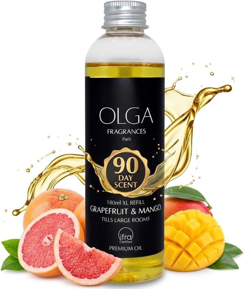 Grapefruit & Mango Reed Diffuser Refill – 180ml Long-Lasting Strong Fragrance Oil – Luxury Refill for Diffuser Bottles – Sweet, Fresh & Bold Large Room Aroma Up to 90 Days – Reeds Not Included