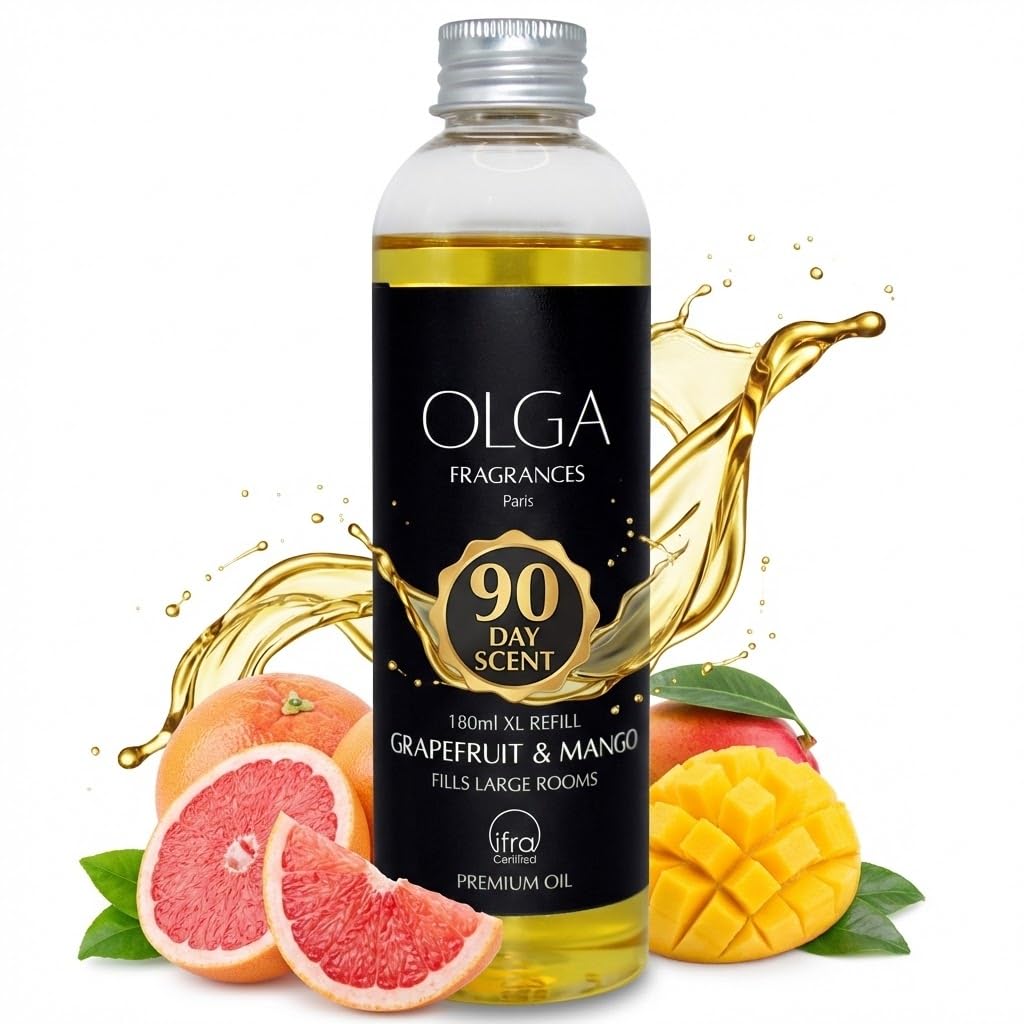 Grapefruit & Mango Reed Diffuser Refill – 180ml Long-Lasting Strong Fragrance Oil – Luxury Refill for Diffuser Bottles – Sweet, Fresh & Bold Large Room Aroma Up to 90 Days – Reeds Not Included