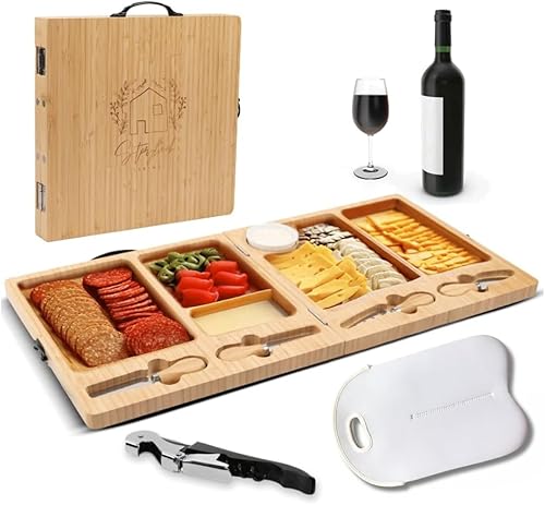 Vista 10 de Tabla de charcutería – Tabla grande de queso de bambú con juego de cuchillos magnéticos – Plato de queso de madera – Tabla de charcutería plegable