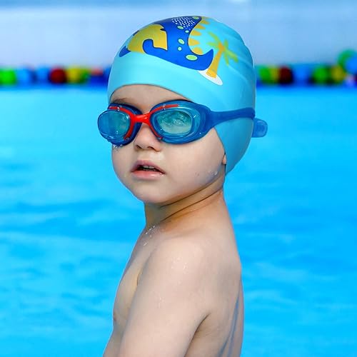 Miniatura 10 de Gorros de natación de silicona para niños y niñas (de 4 a 12 años), impermeables, de dibujos animados, para cabello largo y corto, 3 piezas
