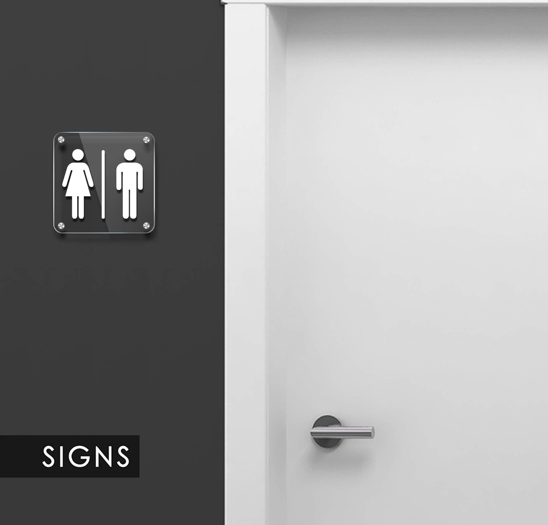 Signs [STAN08-bianco] Set 4X Placas de pared con separadores en relieve (Español/Inglés): Toilettes, Hombre, Mujer, Discapacitado, cartel de baño. Letrero WC de pared para inodoro y para puerta.