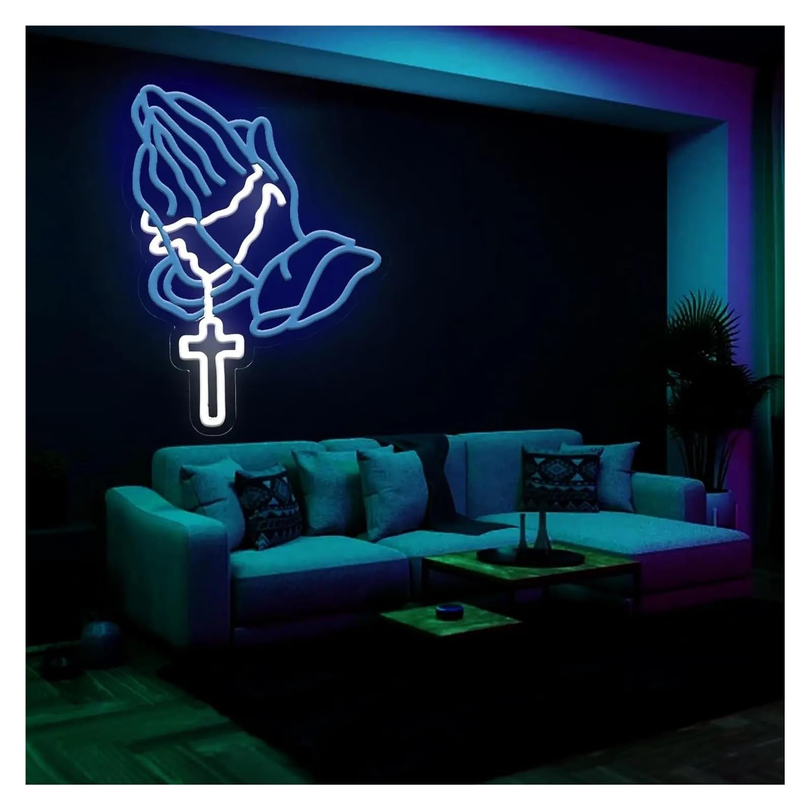 Decoración Lámparas Mano Rezando Letrero De Neón Luz Cruzada Regulable Para Dormitorio Sala De Juegos Bar Sala De Estar Iglesia Decoración De Pared Iluminada 27.9cmx37.8cm