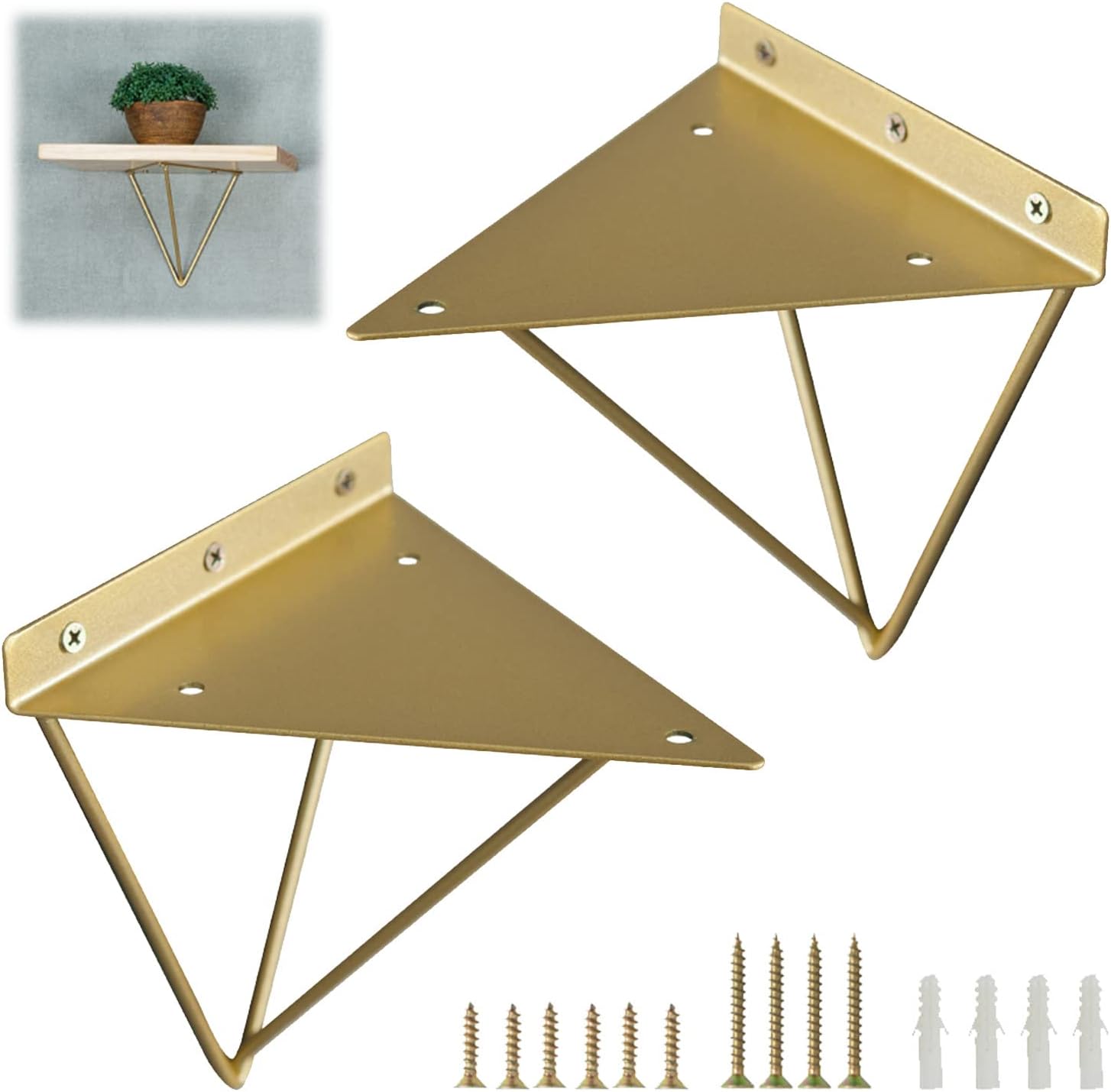 Pxzybd 2 Pcs Shelf Brackets, Wall-Mounted Floating Shelf Supports, Hairpin Heavy Duty Metal Shelving Brackets, Brackets for Shelves Decorative, Gold, with Mounting Screws,Gold-19.5cm(7.68in)