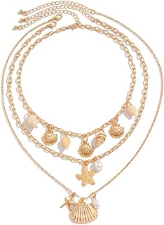 Charm Shell Necklace for Women Ocean Layered Summer Beach Jewelry Gold Plated Stackable Chain Boho Starfish & Pearl Gift