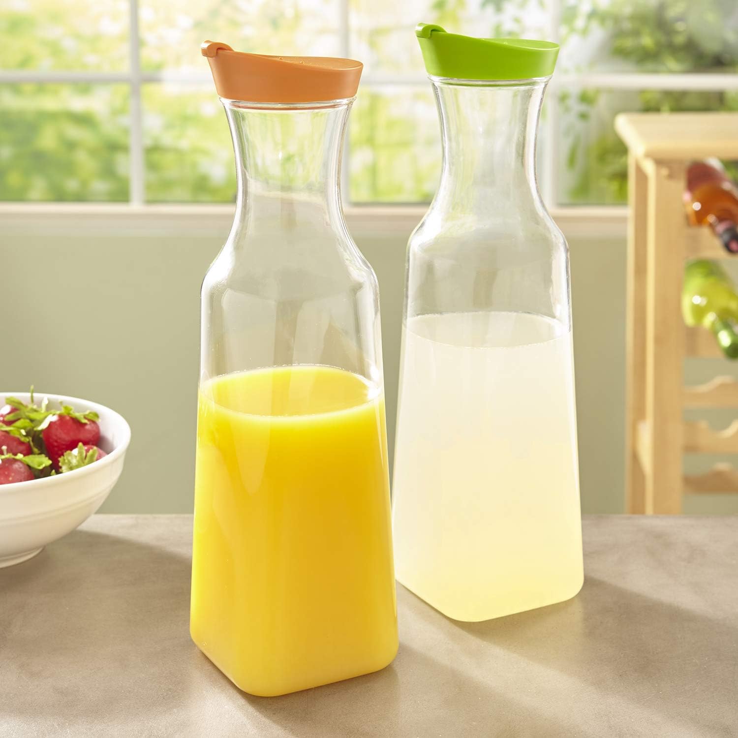 STORi Clear Plastic 50-ounce Square Base Beverage Carafes | set of 2 | Orange and Green Lids