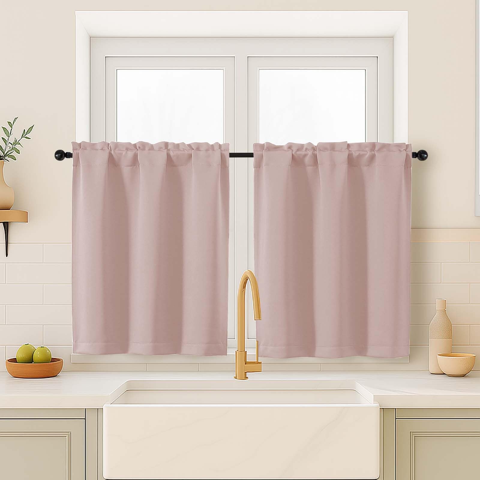 OVZME Blush Pink Curtains for Small Window Treatment, Light Blocking Short Kitchen Window Curtains Over Sink, Rod Pocket Half Window Tiers for Bathroom Basement, Each 40Wx36L, 2 PCS