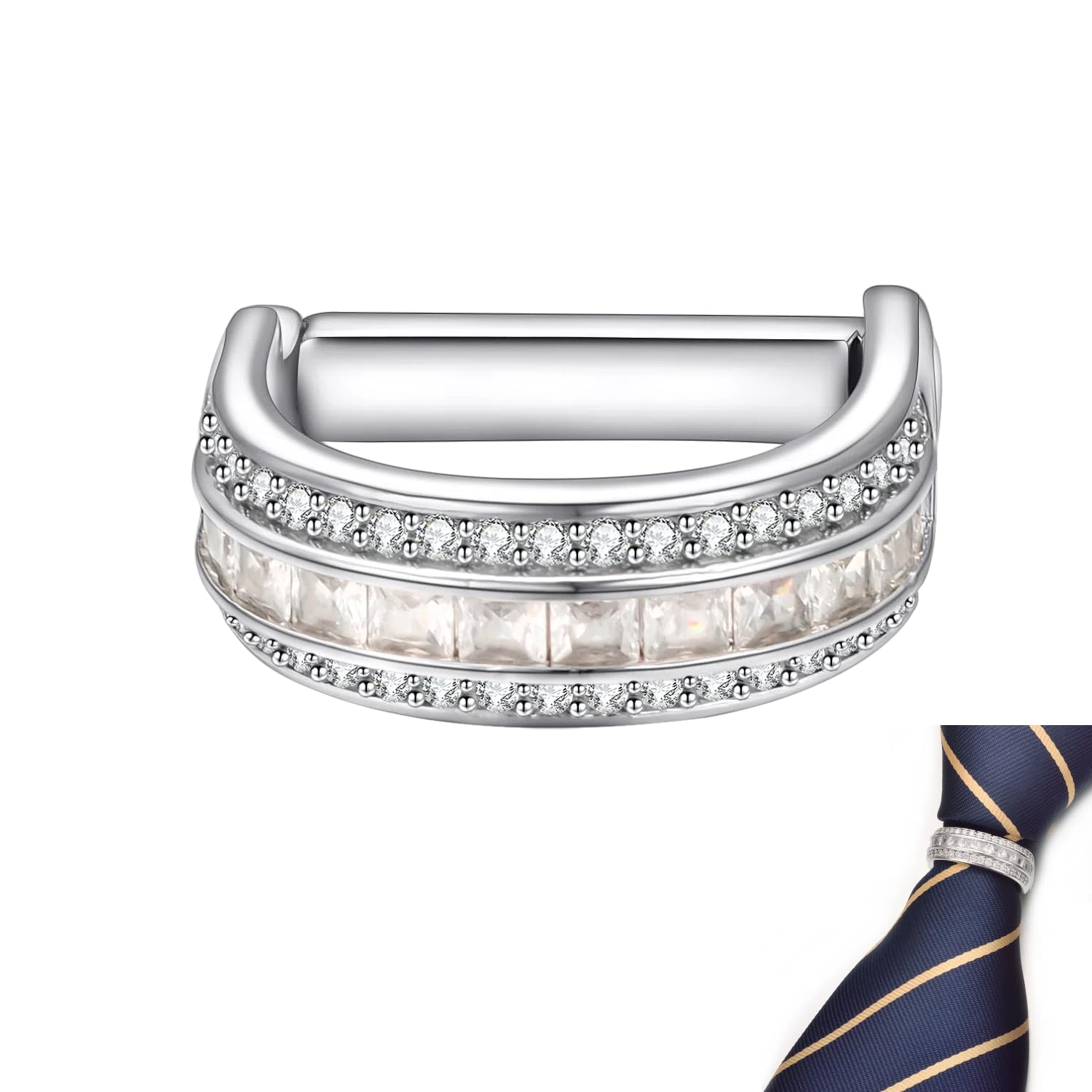Silver Gold Tie Ring for Men Cubic Zirconia Tie Clip Clasp Business Wedding Suit Jewellery Gift
