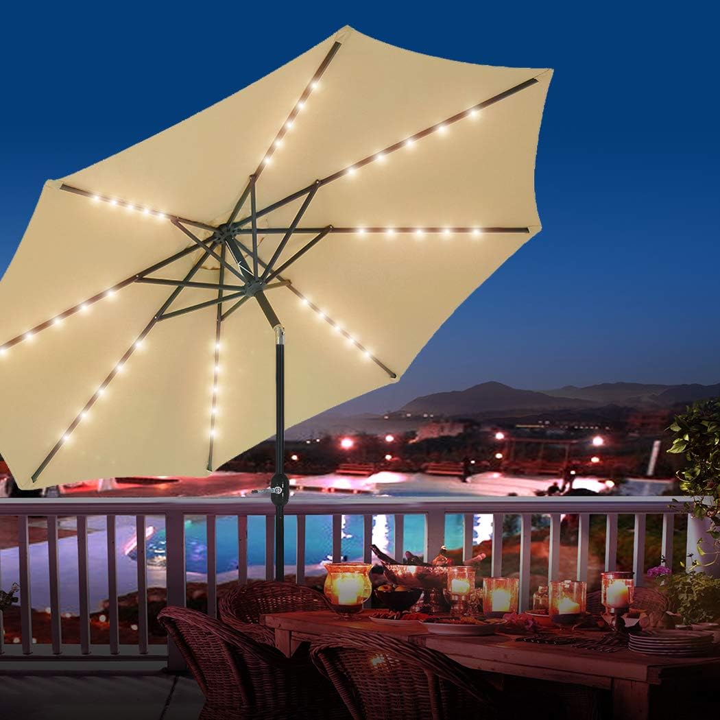 Patio Watcher 11-Ft Patio Umbrella 40 LED Lighted Solar Umbrella with Push Button Tilt and Crank, Outdoor Umbrella 8 Steel Ribs, Beige