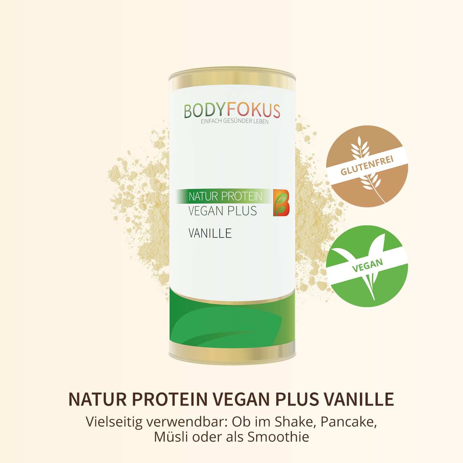 BodyFokus Natur Protein Vegan Plus | Veganes Proteinpulver - hochwertige & rein pflanzliche Eiweißquellen - leckerer Vanillegeschmack - 500g - in Deutschland hergestellt