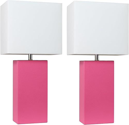 Miniatura 6 de Elegant Designs LC2000-BWN-2PK - Juego de 2 lámparas de mesa de cuero con pantallas de tela blanca, paquete de 2, LC2000-BWN-2PK