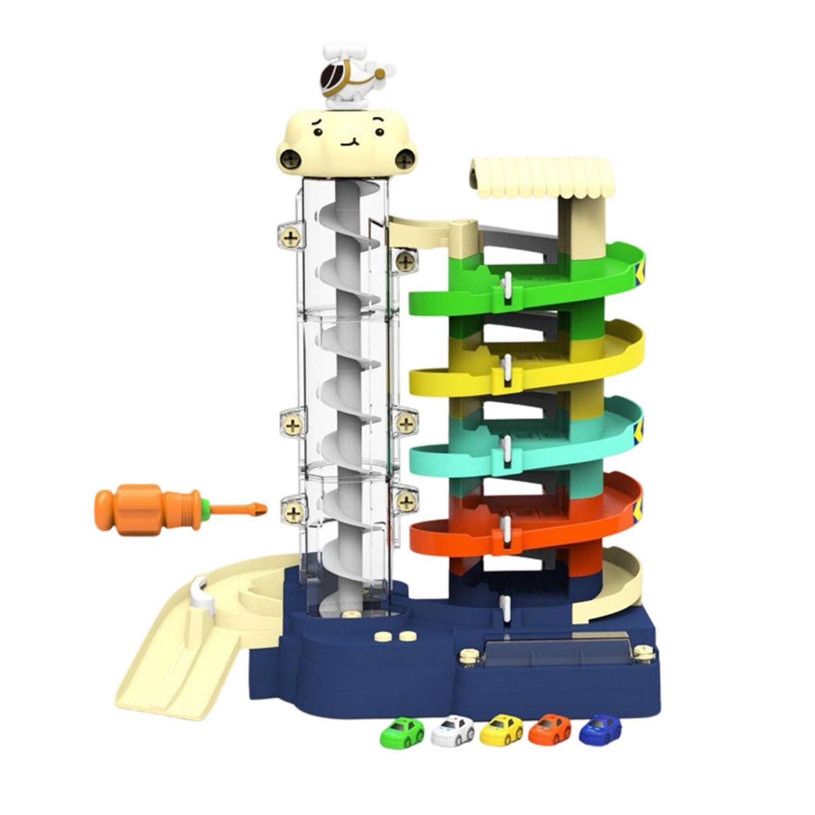 Kinder Parkspiel Garage Spielset Autorennbahn Fahrzeugrampe Parkhaus Elektrolift Elektronik mit Licht Und Musik für Geschenk An Kinder Zuhause Lernspiele, 5-Stöckiges Parkhaus