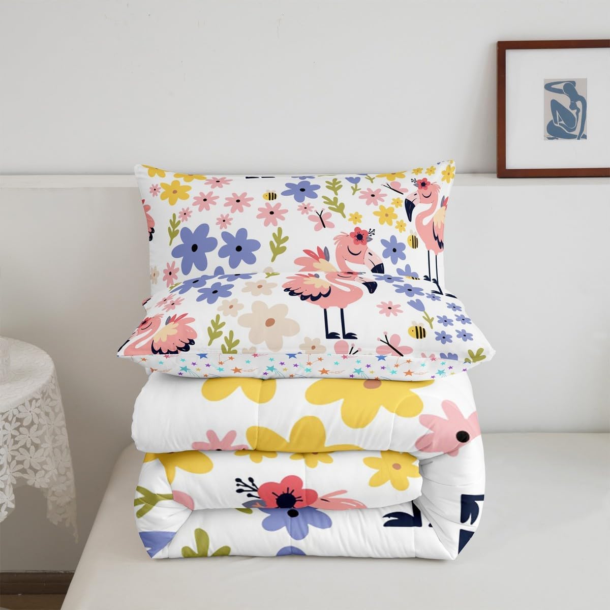 Erosebridal Kawaii Flamingo Bedding Set,Cute Zoo Animal Queen Comforter Set for Kids Teens Adults,Doodle Flower Duvet Set Bedroom Decor,Wildlife Quilt Set with 2 Pillowcases