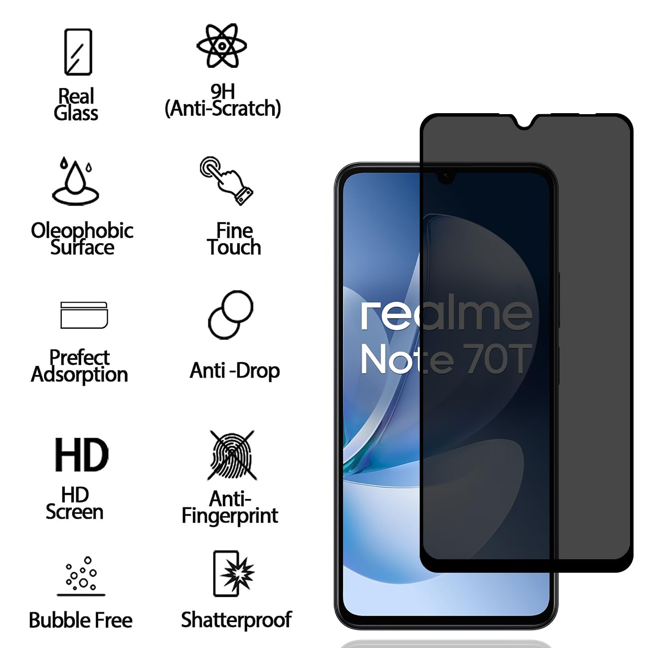 Pellicola Privacy In Vetro Temperato Per Realme Note 70T – Anti-Spy 9H, 2 Pezzi, Antigraffio