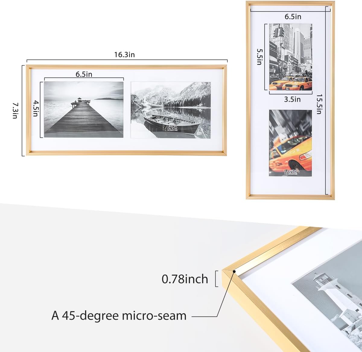 5x7 2-Opening Picture Frame Gold Aluminum Metal Molding Photo Frames with 2 Mats and HD Plexiglass for 5x7 or 4x6 Pictures Display, Tabletop Stand and Wall Mounting