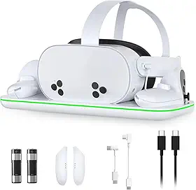 Charging Station for Meta Quest 3 and Oculus Quest 3S, VR Accessories Charging Station with LED Light for Oculus Quest 3/ 3S, Charger Stand with 2 Rechargeable Batteries, Magnetic Charging Design